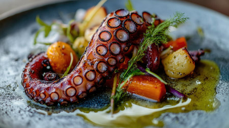A detailed shot of a grilled octopus tentacle on a plate, served with roasted vegetables and a drizzle of olive oil, highlighting its texture and flavor.の素材