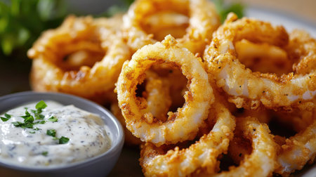 A close-up of golden, crispy calamari rings with a side of tartar sauce, perfect for a delicious appetizer.の素材