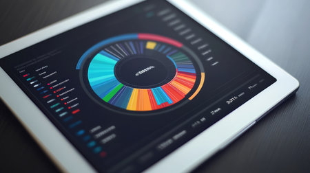 A detailed pie chart on a tablet screen, showcasing market share distribution with distinct segments and clear labeling.の素材