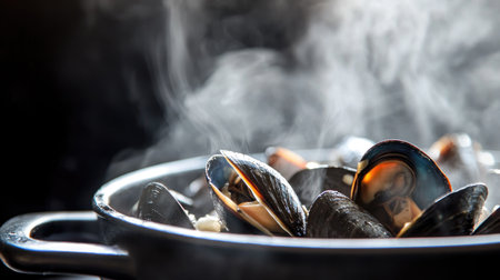 A detailed view of a steaming bowl of mussels in a rich garlic butter sauce, with shells open and aromatic steam rising.の素材