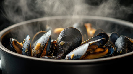 A detailed view of a steaming bowl of mussels in a rich garlic butter sauce, with shells open and aromatic steam rising.の素材