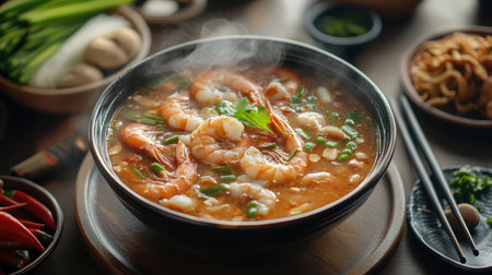 A cozy dining scene with a steaming bowl of hot and sour shrimp soup placed on a table with traditional Thai condiments and utensils.の素材