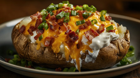 A detailed view of a loaded baked potato topped with cheddar cheese, sour cream, bacon bits, and green onions, served hot and ready to enjoy.の素材
