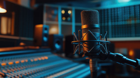 A dynamic shot of a modern condenser microphone in a recording studio, with soundproofing panels and audio equipment in the background.の素材