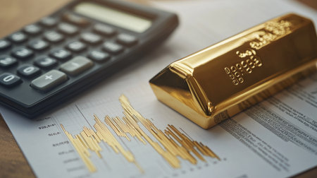 A close-up of a printed gold price chart with annotated notes, next to a gold bar and a calculator, representing financial planning and investment.の素材