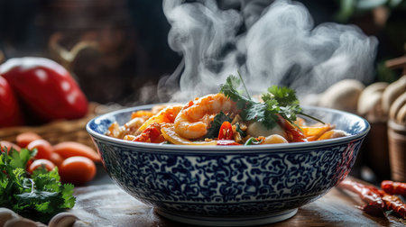 A detailed view of tom yum goong being served in a traditional Thai bowl, with steam rising and aromatic ingredients visible.の素材