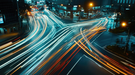 A dynamic shot of a busy intersection at night, with streaks of headlights and taillights creating light trails against the dark road.の素材
