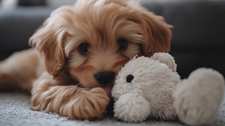 A fluffy puppy playing with a soft toy, showing its playful nature while chewing on the toy with its little pawsの素材