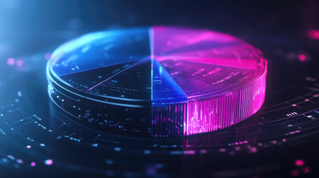 A futuristic 3D pie chart with metallic textures, showing precise data segments in a visually engaging and professional manner.の素材