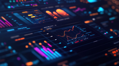 A high-resolution close-up of a business dashboard featuring multiple graphs and charts, representing comprehensive data analysis.の素材