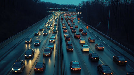A high-angle view of a congested highway with long lines of vehicles and brake lights, highlighting rush hour traffic conditions.の素材