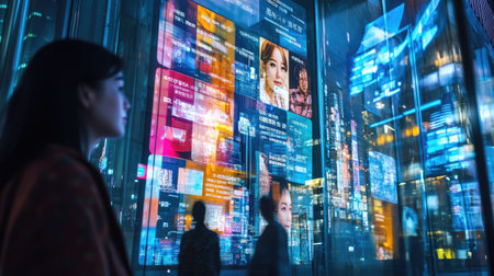 A high-resolution photo of a multi-language chat interface on a computer screen, with diverse users and global cityscapes visible through the windows.の素材