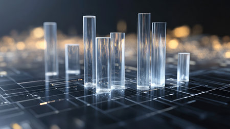 A highly detailed 3D bar graph with transparent bars rising from a grid, symbolizing advanced data analysis in finance or marketing.の素材