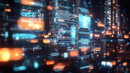 A high-resolution photo of a multi-language chat interface on a computer screen, with diverse users and global cityscapes visible through the windows.の素材