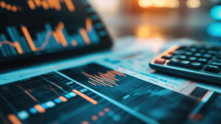 Detailed shot of a financial graph with rising and falling market trends, with a calculator and documentsの素材
