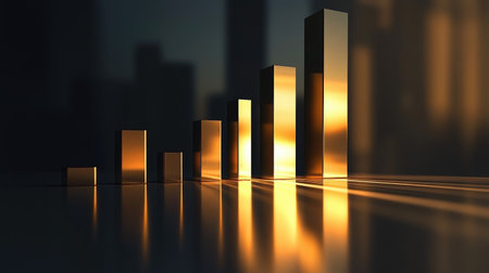 A polished 3D bar chart with metallic bars, casting shadows and reflections, representing corporate success or economic growth.の素材