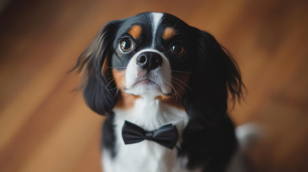 An adorable dog wearing a tiny bow tie, looking up with big, round eyes, ready for a day of fun and cuddles.の素材
