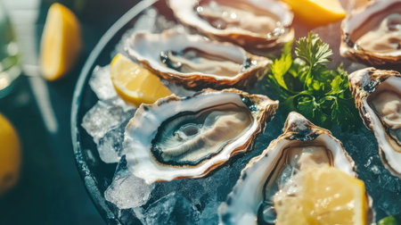 A vibrant seafood platter featuring oysters on ice, lemon wedges, and fresh herbs, capturing the freshness and luxury of the dish.の素材