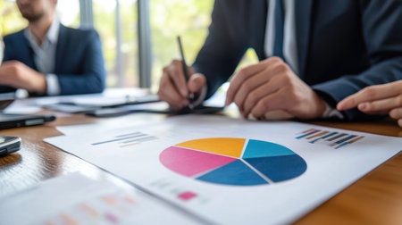 Banking professional presenting a pie chart showing market share distribution during a boardroom meeting with colleaguesの素材