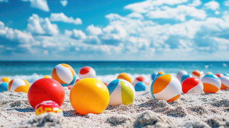 Brightly colored beach balls scattered on a sandy beach, with the ocean and blue sky in the background, creating a fun and playful sceneの素材