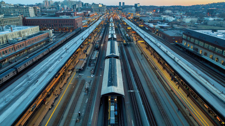 Aerial view of a large train station complex with multiple tracks, trains in motion, and passengers moving through the stationの素材