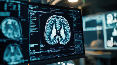 Close-up of a brain scan image displayed on a monitor, showing areas of activity and highlighting specific brain functions and health conditionsの素材