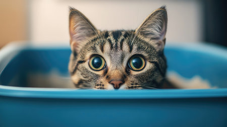Close-up of a cat's face peeking out from a litter box, with a clean and fresh appearance of the litter box and surrounding areaの素材