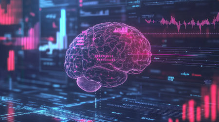 Creative visualization of a human brain with abstract data and graphs overlaying it, representing cognitive analysis and brain researchの素材
