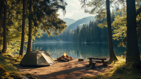 A picturesque campsite with a cozy tent set up by a serene lake, surrounded by tall trees and a campfire with logs for seating.の素材