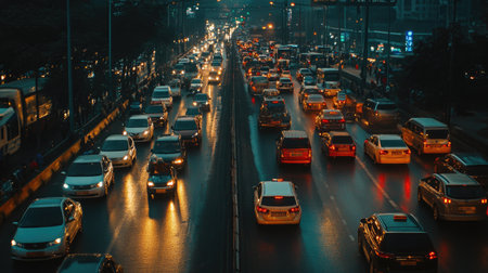 A panoramic shot of a crowded road with heavy traffic and long queues, capturing the chaos of peak travel times.の素材