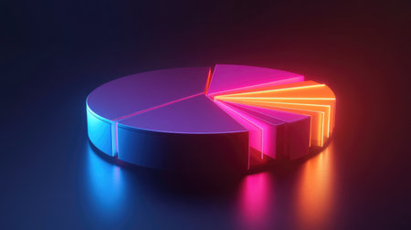 A sleek 3D pie chart with glowing segments, emphasizing market share analysis and financial data trends.の素材