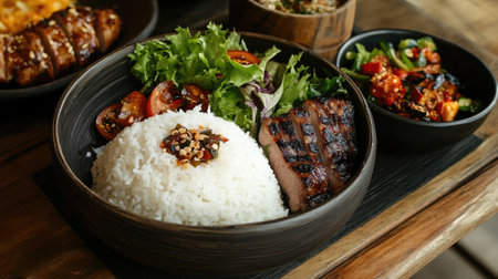 A rustic dining setup featuring a bowl of hot white rice, with a side of grilled meat and a fresh salad, ready to be enjoyedの素材
