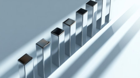 A polished 3D bar chart with metallic bars, casting shadows and reflections, representing corporate success or economic growth.の素材