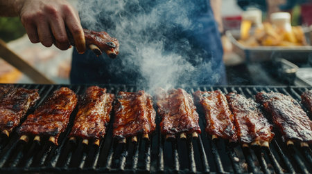 Chef expertly basting juicy pork ribs on a barbecue grill, with smoke rising and a background of outdoor cooking equipment and ingredientsの素材