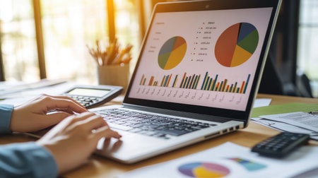 Close-up of a financial analyst reviewing a colorful pie chart on a laptop screen, with financial documents and a calculator on the deskの素材