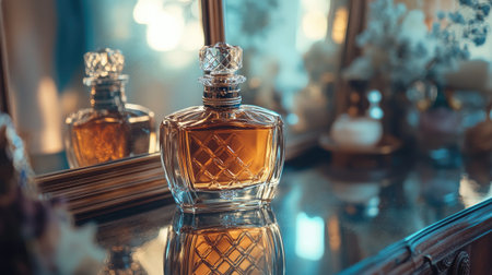 Close-up of a perfume bottle on a vanity with a mirror, reflecting the bottle intricate details and capturing the essence of luxury and eleganceの素材