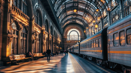 Historical train station with classic architecture, vintage trains, and travelers navigating through the grand hall with elegant detailsの素材