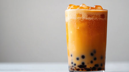 Glass of refreshing milk tea with tapioca pearls, set against a clean white background, highlighting the vibrant colors and texture of the drinkの素材