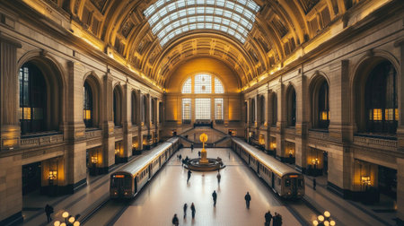 Historical train station with classic architecture, vintage trains, and travelers navigating through the grand hall with elegant detailsの素材