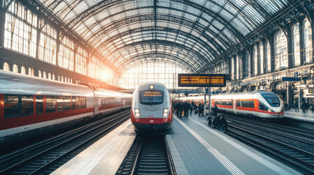 Modern train station with clean lines, digital information boards, and sleek trains, featuring a busy scene of passengers and staffの素材