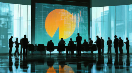 Pie chart displayed on a large monitor in a financial institution, with a team of bankers discussing the data and strategizingの素材