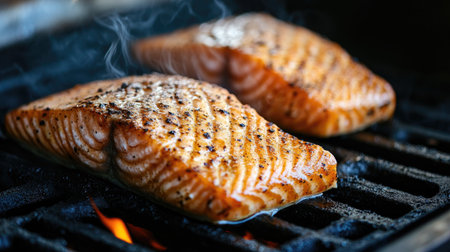 Salmon fillets being cooked on a hot grill, with a focus on the sizzling sound and juicy texture of the fish as it cooksの素材