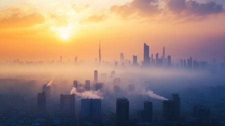 Smog-filled city skyline with heavy air pollution and a visible heat haze, illustrating the impact of global warming on urban environmentsの素材