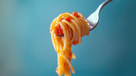 Spaghetti being twirled with a fork, showcasing the texture of the pasta and the glossy tomato sauce, with a clean, minimalistic backgroundの素材