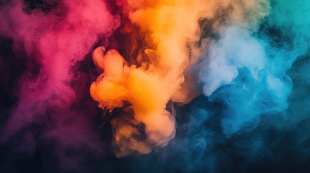 Vibrant colored smoke swirling in the air during a photo shoot, with rich hues blending together against a dark backgroundの素材