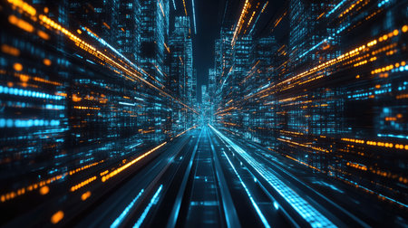 3D Rendering of warp speed in hyper loop with blur light from buildings' lights in mega city at night. Concept of next generation technology, fin tech, big data, 5g fast network, machine learningの素材