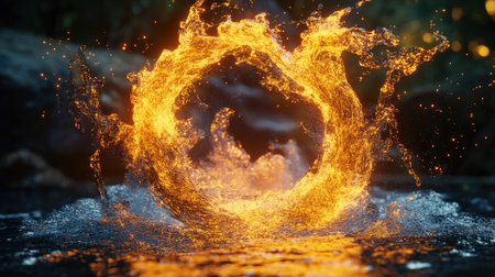3d illustration of fire and water swirling in a circleの素材