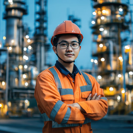 Asian engineer smart city industry background, sustainable power saving energy management smart factory technology, oil and gas plant backgroundの素材