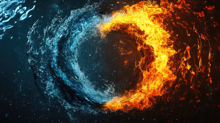 3d illustration of fire and water swirling in a circleの素材