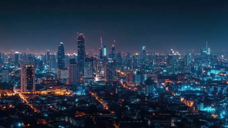 Banner smart city dot point connect with gradient line, connection technology metaverse concept. Bangkok city background at night with big data in Thailand, Panorama view.の素材